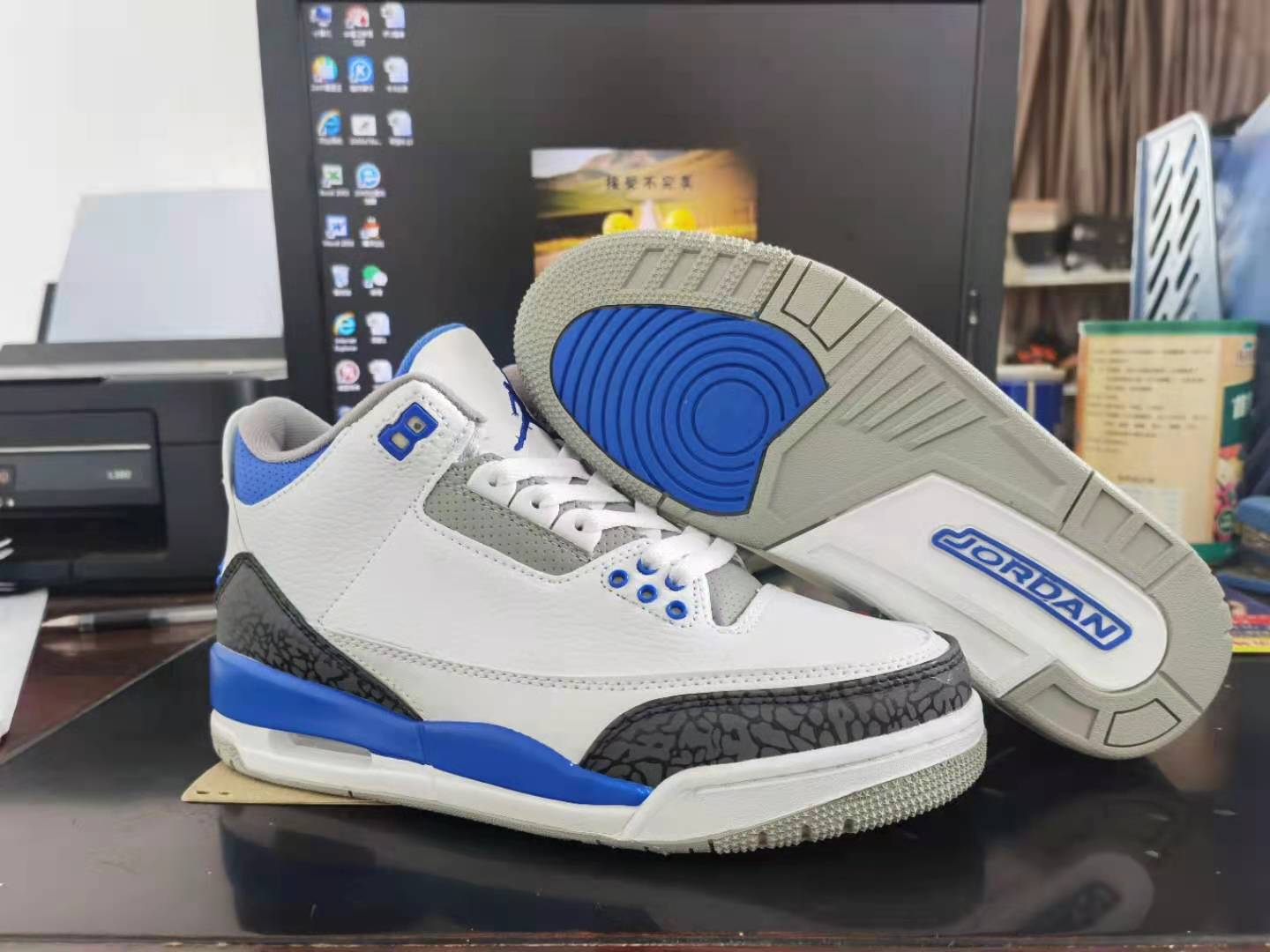 2021 Air Jordan 3 Retro White Grey Blue Shoes